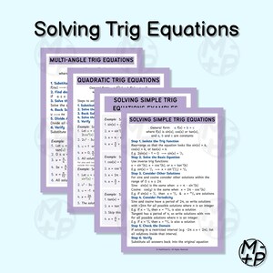 Math posters covering basic high school Trigonometry topics including: Foundations, The Unit Circle, Functions & Graphs, Inverse Trig Functions, and Solving Trig Equations.