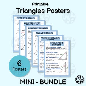 Può includere: Un mini-pacchetto di sei poster stampabili sui triangoli. I poster trattano argomenti come tipi di triangoli, proprietà degli angoli, triangoli congruenti, triangoli simili, teorema della disuguaglianza triangolare e triangoli rettangoli speciali.