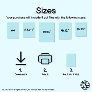 May include: An image with the word "Sizes" at the top, followed by text describing the included PDF file sizes: A4, 8.5x11", 11x14", 9x12", and 8x10". Below are icons and text: "Download It", "Print It", and "Put It On A Wall".