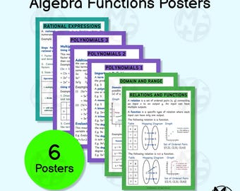 Pósteres de álgebra (juego de 6, brillantes): Funciones, polinomios, dominio y rango (descarga digital 008)