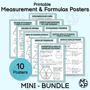 Puede incluir: Un paquete de 10 carteles imprimibles de medidas y fórmulas. Los carteles presentan fórmulas geométricas, incluyendo cálculos de volumen, área y perímetro. Los carteles tienen un fondo blanco y texto negro, con un círculo azul que dice "10 Posters".