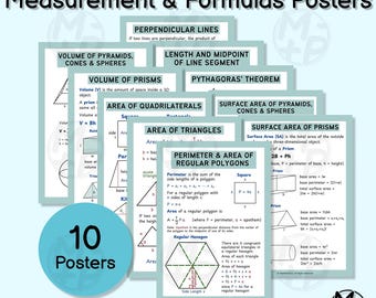 Pósteres de geometría (juego de 10): Medidas y fórmulas, área, volumen, teorema de Pitágoras (descarga digital 017)
