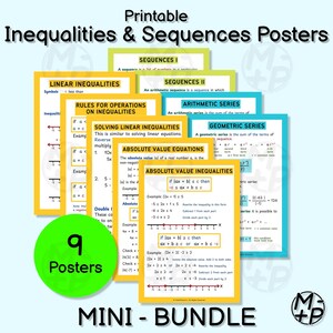 May include: A collection of nine printable posters on inequalities and sequences. The posters are in various colors, including yellow, blue, and green, and feature mathematical formulas and explanations. The bundle is labeled "MINI-BUNDLE" and includes the text "Printable Inequalities & Sequences Posters."