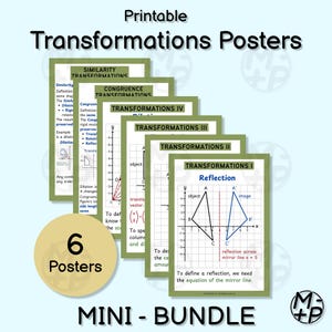 May include: A mini-bundle of six printable math posters on transformations. The posters feature diagrams and definitions of similarity, congruence, translation, rotation, and reflection. The posters are green and white with black text. The bundle includes a round sticker that says "6 Posters".