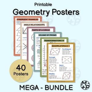 May include: A bundle of printable geometry posters with titles like "Congruent Triangles" and "Quadrilaterals I." The posters feature diagrams and formulas. The bundle includes 40 posters and is labeled "MEGA - BUNDLE."