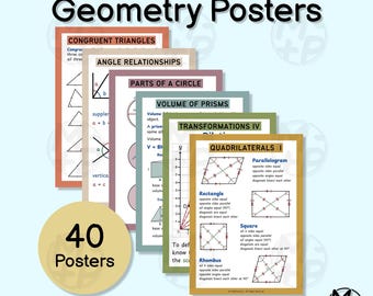 May include: A bundle of printable geometry posters with titles like "Congruent Triangles" and "Quadrilaterals I." The posters feature diagrams and formulas. The bundle includes 40 posters and is labeled "MEGA - BUNDLE."