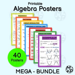 Może przedstawiać: Stos kolorowych, drukowanych plakatów z algebry. Plakaty obejmują tematy takie jak ciągi, faktoryzacja, nierówności liniowe, wykładniki oraz dziedzina i zakres. Obraz zawiera tekst "Printable Algebra Posters" i "MEGA - BUNDLE".