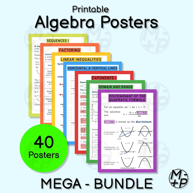 May include: A stack of colorful printable algebra posters. The posters cover topics like sequences, factoring, linear inequalities, exponents, and domain and range. The image includes the text "Printable Algebra Posters" and "MEGA - BUNDLE".