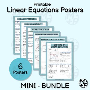 以下が含まれることがあります： 線形方程式のポスター6枚セット。線形表現、グラフ、方程式系などのトピックをカバーしています。ミニバンドルラベルとロゴが付いています。