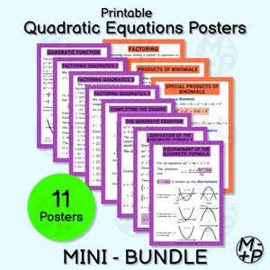 Puede incluir: Un conjunto de 11 carteles imprimibles de ecuaciones cuadráticas en un mini-paquete. Los carteles tienen texto morado, naranja y blanco sobre un fondo blanco. Los temas incluyen factorización y funciones cuadráticas.