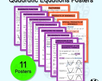 Pósteres de álgebra (11 unidades, brillantes): Ecuaciones cuadráticas, matemáticas de secundaria (Descarga digital 010)