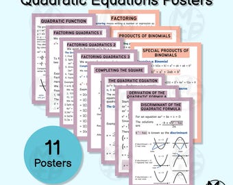 Pósteres de álgebra (11 unidades): Ecuaciones cuadráticas, matemáticas de secundaria (Descarga digital 004)