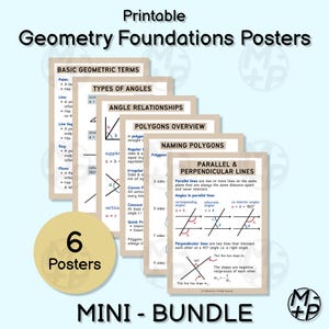 Peut inclure: Un mini-ensemble de six affiches imprimables sur les bases de la géométrie. Les affiches couvrent les termes géométriques de base, les types d'angles, les relations angulaires, l'aperçu des polygones, la dénomination des polygones et les lignes parallèles et perpendiculaires.