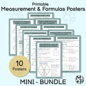 Puede incluir: Un mini-paquete de 10 carteles imprimibles de medidas y fórmulas. Los carteles cubren temas como volumen, área y perímetro, con diagramas y fórmulas. Los carteles son en tonos de verde, blanco y beige.