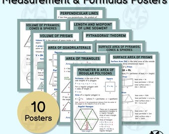 Pósteres de geometría (10 unidades): Medidas y fórmulas, área, volumen, teorema de Pitágoras (descarga digital 025)