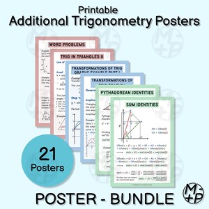 May include: A collection of 21 printable trigonometry posters. Topics include word problems, trig in triangles, transformations, Pythagorean identities, and sum identities. The posters feature diagrams and text on a white background.