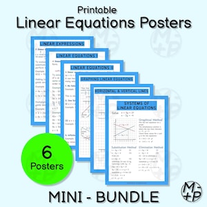 May include: A collection of six printable linear equations posters. The posters are blue and white, with titles such as "Linear Expressions" and "Systems of Linear Equations." A green circle with the text "6 Posters" is in the lower left corner.