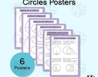 Pósteres de círculos geométricos (juego de 6): Partes, fórmulas, ángulos inscritos, teoremas (Descarga digital 016)