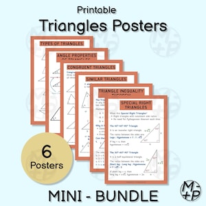 Pode incluir: Um mini-pacote de seis cartazes de triângulos para impressão. Os cartazes cobrem tópicos como tipos de triângulos, propriedades dos ângulos, triângulos congruentes e semelhantes, desigualdade triangular e triângulos retângulos especiais. Fundo branco, bordas laranja e texto preto.