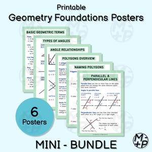 Puede incluir: Un conjunto de seis carteles imprimibles de fundamentos de geometría. Los carteles cubren términos geométricos básicos, tipos de ángulos, relaciones de ángulos, descripción general de polígonos, nombres de polígonos y líneas paralelas y perpendiculares. También se incluye un mini-paquete.