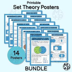 May include: A bundle of 14 printable set theory posters. The posters have a white background with blue borders and titles such as "Venn Diagrams" and "Set Operations". The bundle includes a blue circle with the number "14" and the word "Posters".