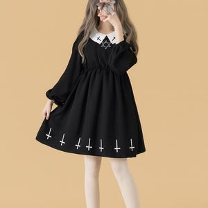 Black Gothic Lolita Dress – Long Sleeve Collared Witchy Outfit with Cross Embroidery, Dark Academia Kawaii Clothing