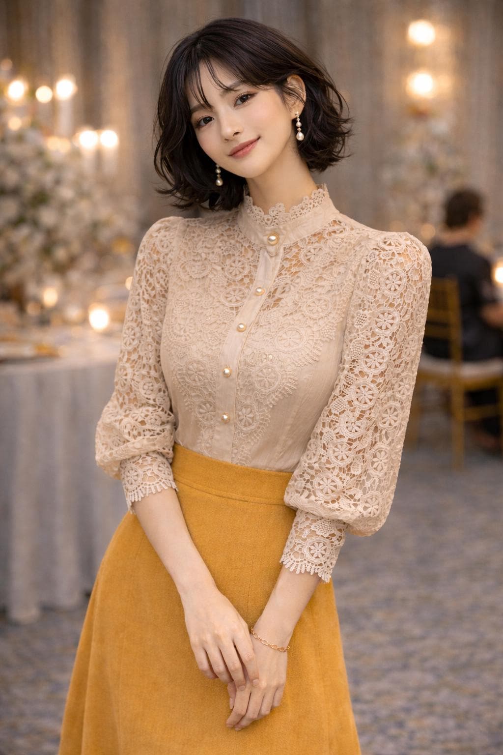 Women's Lace Blouse | Elegant Puff Sleeve Top | Chic Pearl