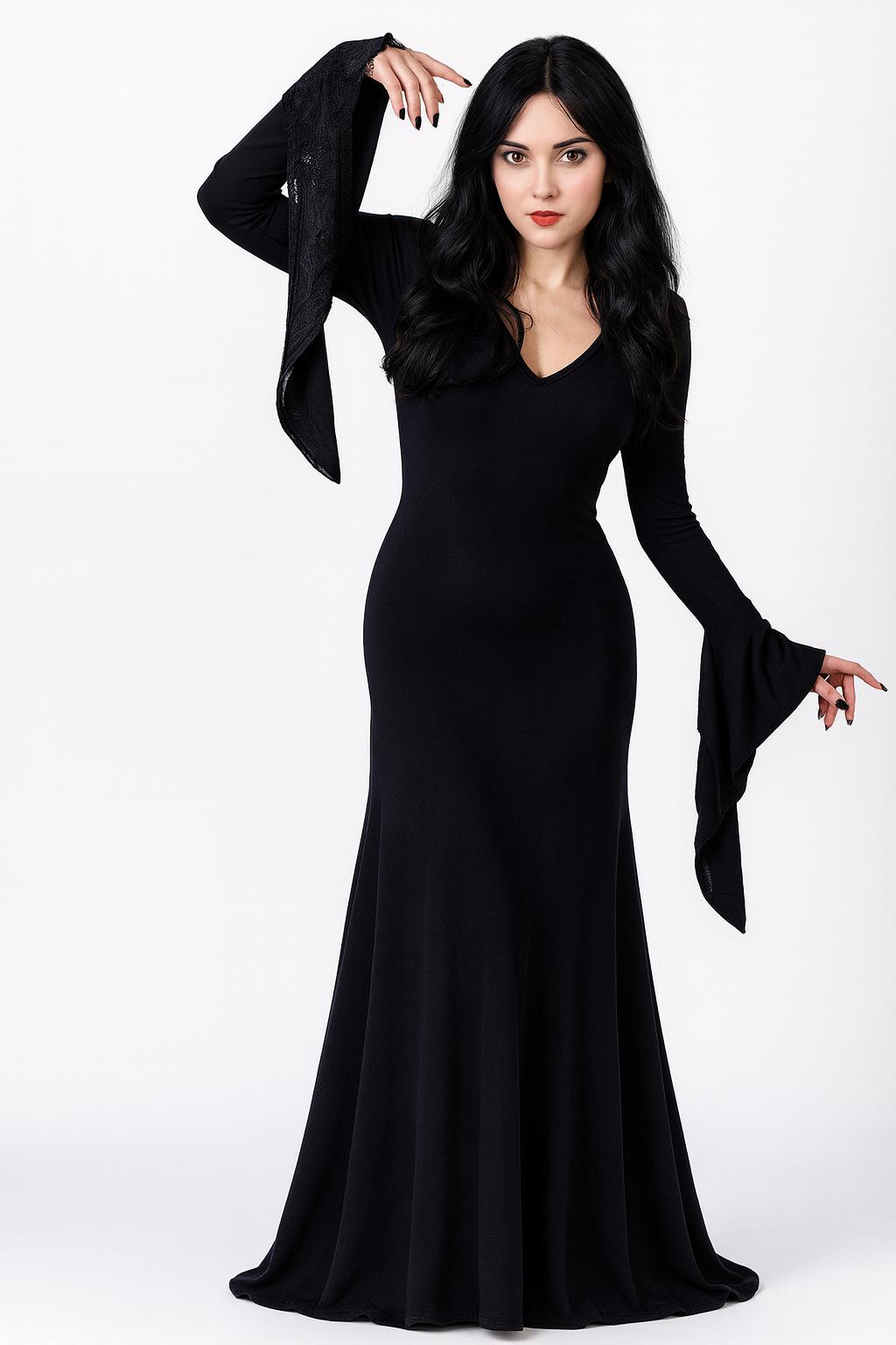 Fashion Long Black Witchy Dress Gothic Black Maxi Dress Witchy Halloween  Costume Elegant Long