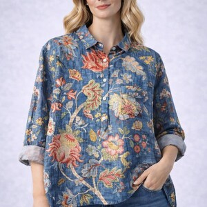 Camisa estampada con botones / Top holgado de poliéster suave / Blusa informal de verano para mujer / Conjunto holgado y relajado / Ropa ligera para uso diario