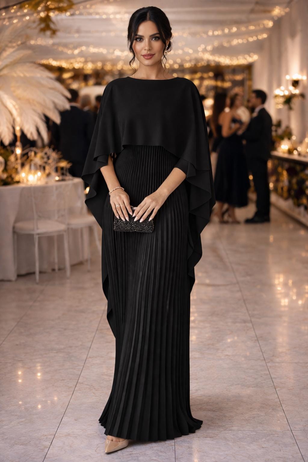 open lace back dress V-Neck Flowing Cape Sleeves Pleated Dress main image 0