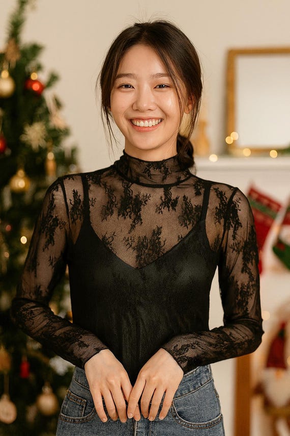 High Neck Sheer Lace Shirt Holiday Lace Top: Sheer Long Sleeve