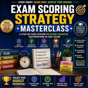 Puede incluir: Un póster educativo azul oscuro titulado Exam Scoring Strategy Masterclass. Incluye una pila de libros etiquetados como Plan, Prepare, Practice, Perform, un despertador, un cuaderno con consejos de estudio, bolígrafos, una planta y notas adhesivas con Focus, Plan, Success.