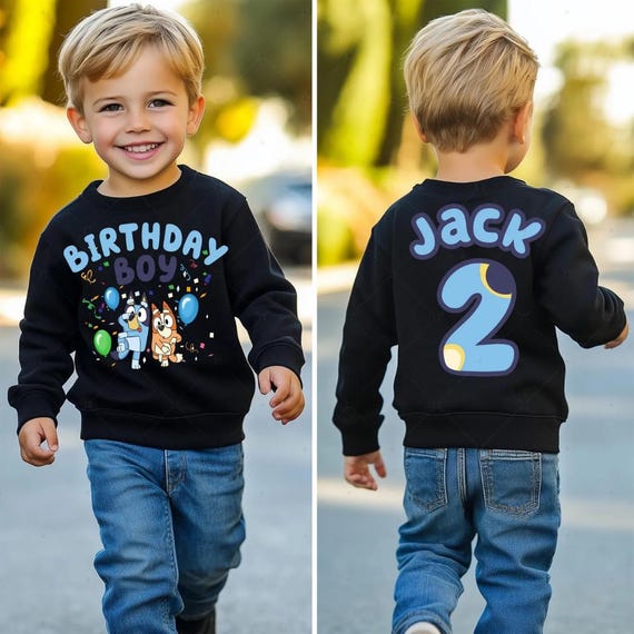 Bluey Boy Custom Birthday Sweatshirt, Blue Dog Birthday Party Shirt, Bluey Personalized, Blue Dog Shirt, Toddler Birthday, Bluey Fan Gift
