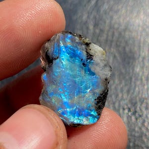 May include: A rough-cut gemstone with a vibrant display of blue and iridescent colors. The stone has a mix of black, white, and blue hues, with a textured surface. The gemstone is held between two fingers.