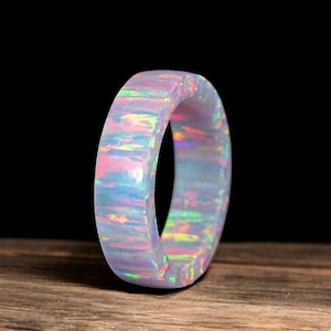 White Bello Opal Ring: Thin Pink Band, Obsidian Finish, Handmade