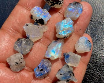 May include: A collection of raw moonstone crystals, each displaying a milky white base with iridescent blue and black inclusions. The stones vary in size and shape, showcasing natural textures.