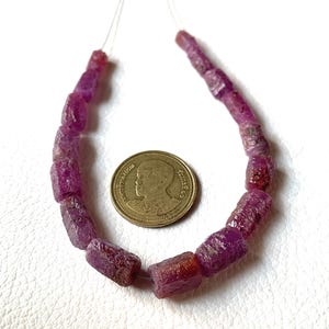May include: A strand of rough-cut, deep pink ruby beads. The beads are strung on a thin wire and are next to a gold coin. The ruby beads have a natural, unpolished appearance, showcasing their raw beauty. The coin is used for size comparison.
