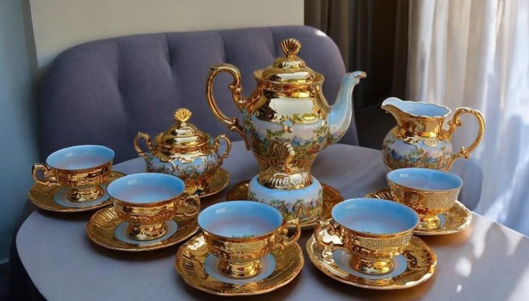 Rococo Tea Luxurious Heavy 24K Gold Gilt Porcelain Tea Set - Blue Interior Rococo ...
