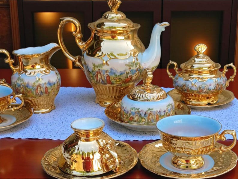 Rococo Tea Luxurious Heavy 24K Gold Gilt Porcelain Tea Set - Blue Interior Rococo ...