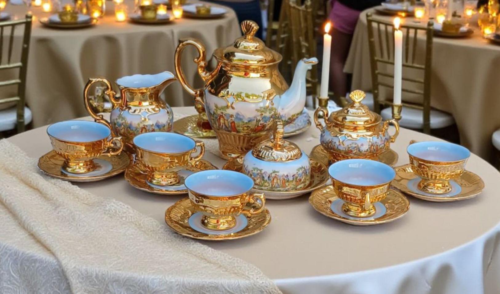 Rococo Tea Luxurious Heavy 24K Gold Gilt Porcelain Tea Set - Blue Interior Rococo ...