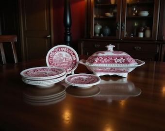 Vajilla vintage Copeland Spode “Tower” de loza roja con decoración transferida – Inglaterra, décadas de 1920 a 1950