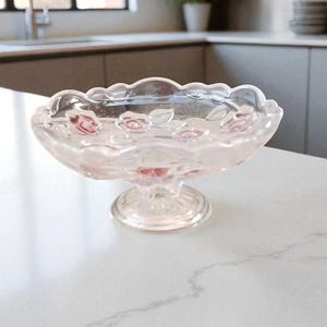 Vintage Waltherglas German Glass Fruit Bowl, Pink Rose Decor