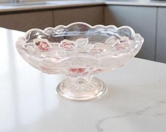 Frutero vintage de cristal alemán Waltherglas, decoración de rosas rosas