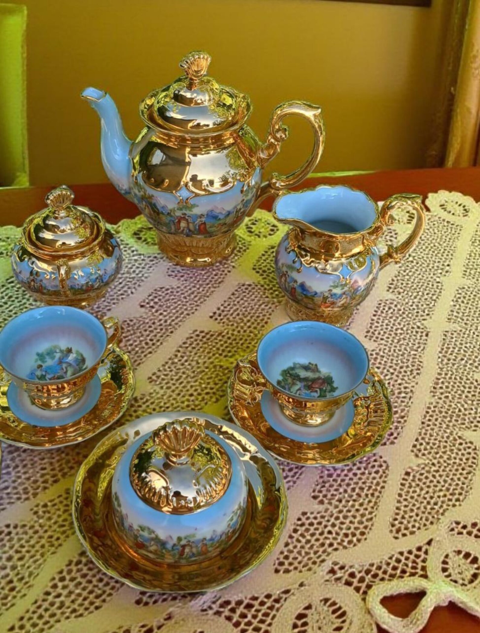 Rococo Tea Luxurious Heavy 24K Gold Gilt Porcelain Tea Set - Blue Interior Rococo ...