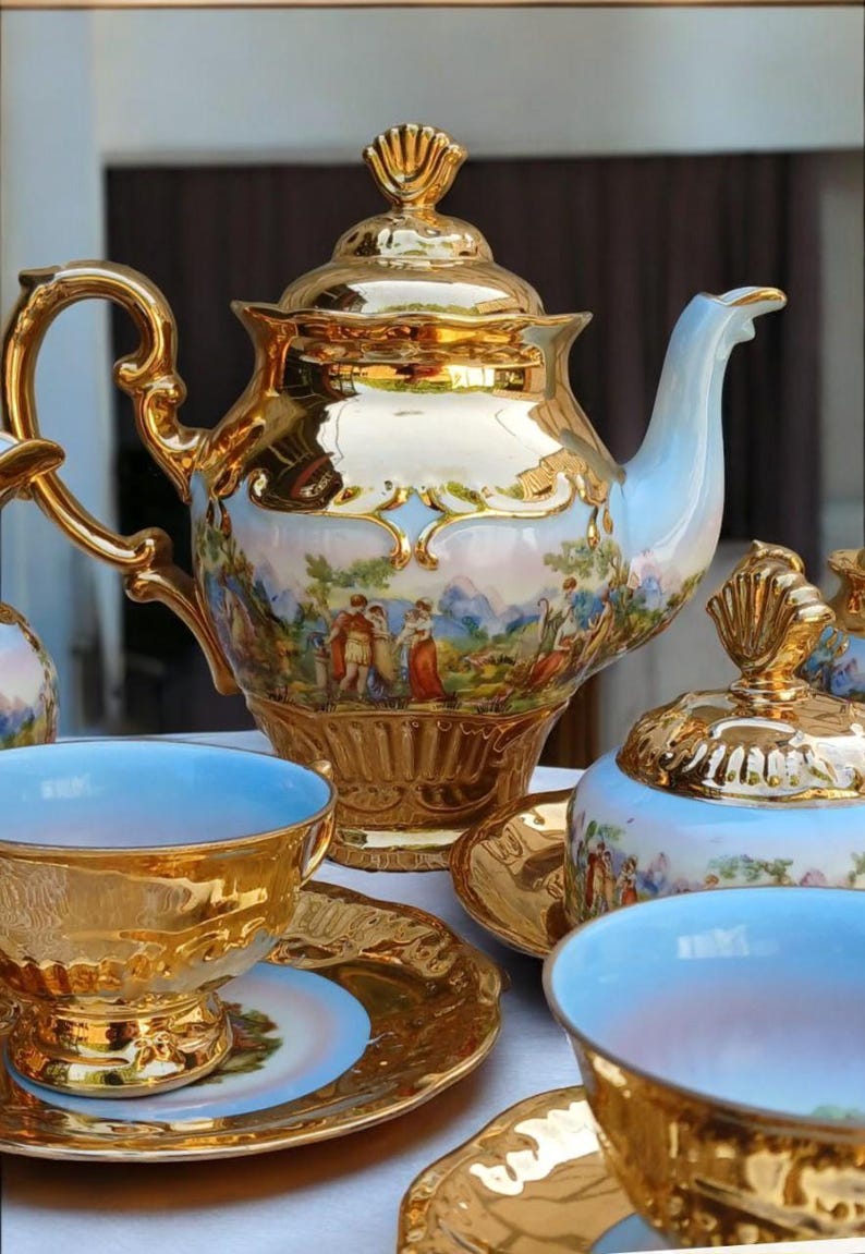 Rococo Tea 24K Gold Gilt Porcelain Tea Set – Rococo Scenic Pastoral Scenes ...