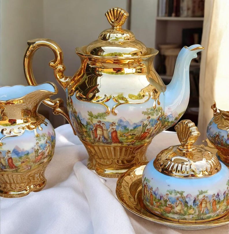 Rococo Tea Luxurious Heavy 24K Gold Gilt Porcelain Tea Set - Blue Interior Rococo ...