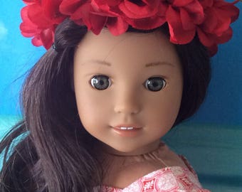 American Made Girl Doll Clothing-1940's Hawaiian Holoku Dress and Floral Crown for 18 Inch Dolls