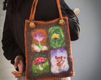 Bolso de mano de lana afieltrada a mano: diseño botánico de flores, setas y naturaleza.