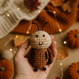 May include: A handmade crochet bee with a tan head, brown body, and black antennae and legs. The bee has rosy cheeks and a smiling face. The background includes fall-themed decorations like pumpkins and leaves.