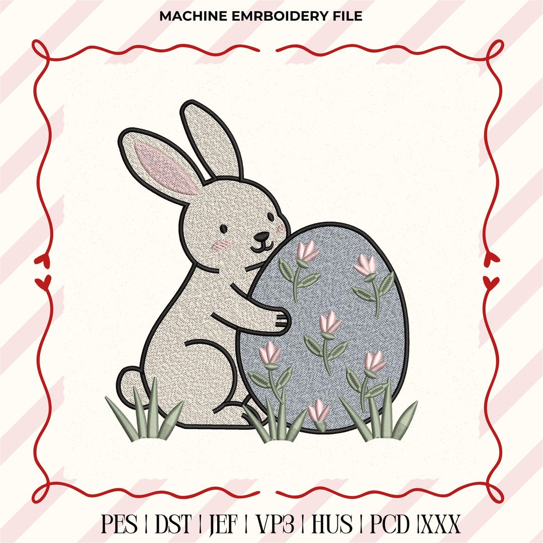 Cute Bunny Hugging Large Floral Egg Machine Embroidery File, Easter ...